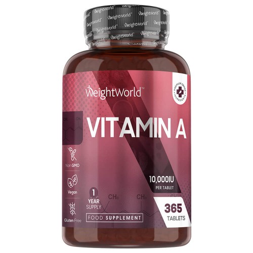 Brown plastic bottle with a silver and purple label, featuring "WeightWorld Vitamin A" in bold text, indicating 10,000 IU per tablet and a one-year supply of 365 vegan tablets.