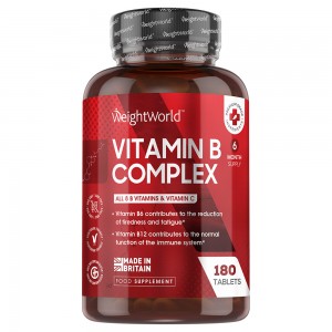 Brown plastic bottle with a black lid, labeled "WeightWorld Vitamin B Complex," containing 365 vegan tablets, featuring a red cross symbol and notes on benefits and UK manufacturing.
