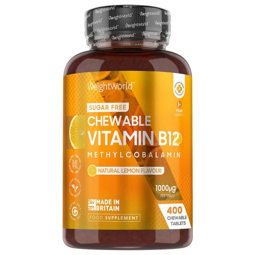 Amber bottle with a black lid, labeled "WeightWorld Chewable Vitamin B12" in orange and white, featuring a lemon graphic, indicating 1000 mcg and 400 chewable tablets.