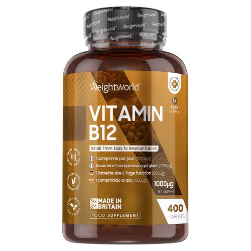 Brown bottle with a white label featuring "Vitamin B12" in bold letters, 1000 mcg dosage, 450 vegan tablets, and a note about a one-year supply, made in Britain.
