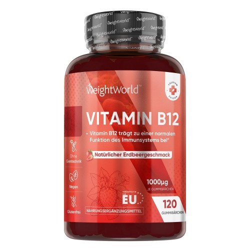 Dark red bottle labeled "Vitamin B12" with 120 gummies, featuring a natural strawberry flavor, vegan and gluten-free symbols, and a white cap, set against a plain background.