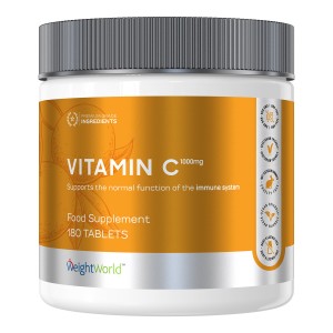 White container with a silver lid, featuring an orange label that reads "VITAMIN C 1000mg" and "180 TABLETS," highlighting its vegan formula and benefits for skin and fatigue.