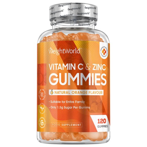 Transparent bottle with a silver cap, containing orange and apricot-flavored Vitamin C gummies, labeled "WeightWorld Vitamin C & Zinc Gummies" with 120 gummies per bottle.