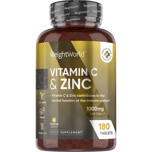 Brown plastic bottle with a gold label, containing 180 Vitamin C + Zinc tablets, each with 1000 mg, highlighting immune support and vegan, gluten-free features.