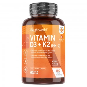 Brown plastic bottle with an orange and white label, containing 240 easy-to-swallow tablets of Vitamin D3 4000IU and K2 125µg, highlighting health benefits and made in Britain.