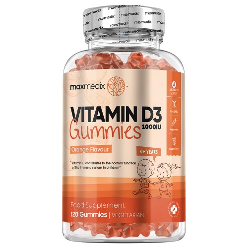 Clear plastic bottle containing 120 orange-flavored Vitamin D gummies for kids, labeled "Vitamin D3 1000IU," with a playful design featuring children on the front.