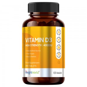 Amber bottle with a black lid, featuring a bright orange label that reads "VITAMIN D3 4000IU" and includes icons for easy swallowing and a year supply, containing 400 tablets.