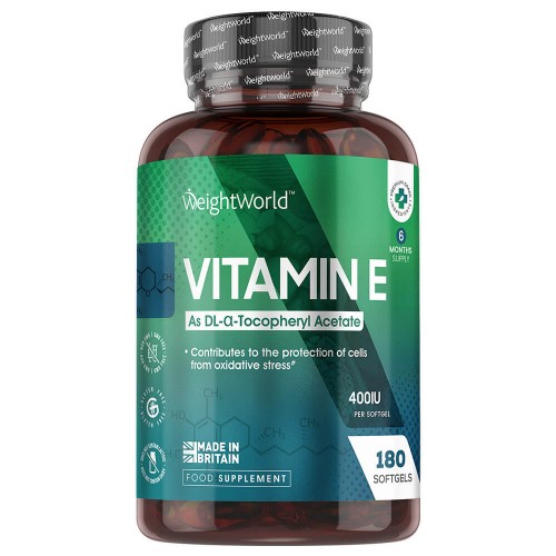Transparent brown bottle containing 180 vegan softgels of Vitamin E, labeled with green and white accents, highlighting "400IU" and "Natural Alpha Tocopheryl," made in Britain.