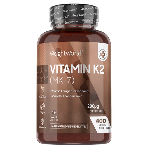 Brown plastic bottle with a transparent label, containing 365 tablets of Vitamin K2 (MK-7) at 200 mcg, labeled as vegan and promoting normal bone maintenance.
