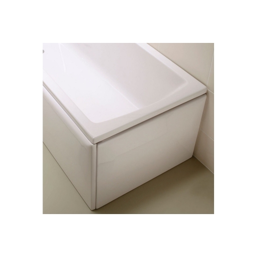White acrylic bath end panel measuring 700mm, featuring a sleek, flat design with a smooth finish, seamlessly fitting against a tiled wall.