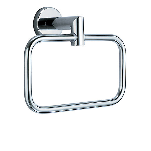 Stylish chrome towel ring with a sleek rectangular design and a polished finish, featuring a wall-mounted circular base for easy installation.