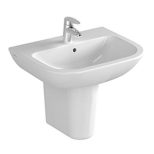 White ceramic basin with a sleek, modern design, featuring a single taphole and a smooth, rounded edge, mounted on a cylindrical pedestal.