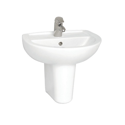 White ceramic semi-pedestal sink with a smooth, curved basin and a sleek chrome faucet, featuring a central drain hole and a minimalist design.