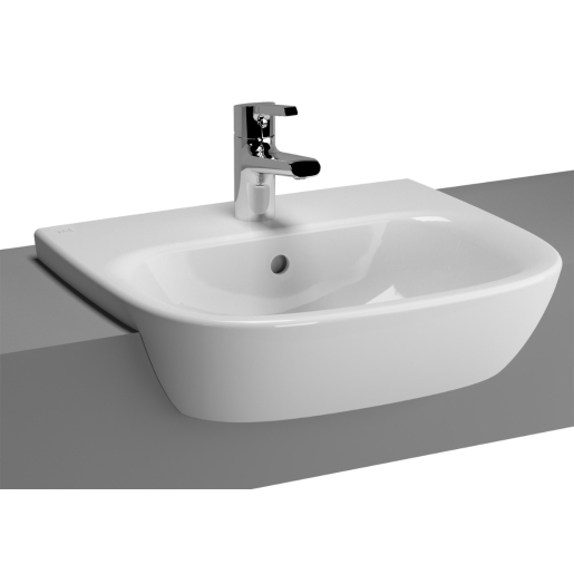 White ceramic basin with a semi-recessed design, featuring a single tap hole and smooth, rounded edges, complemented by a sleek chrome faucet.