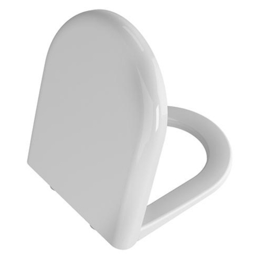 White, glossy toilet seat and cover with a rounded design, featuring a smooth finish and standard shape, designed for easy installation and compatibility with various toilet models.