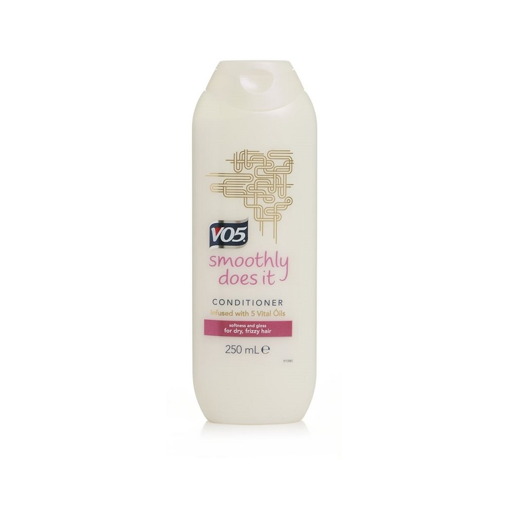 White plastic bottle of VO5 Smoothly Does It Conditioner, featuring a pink and black label, embossed design, and 250ml capacity, designed for dry, frizzy hair.