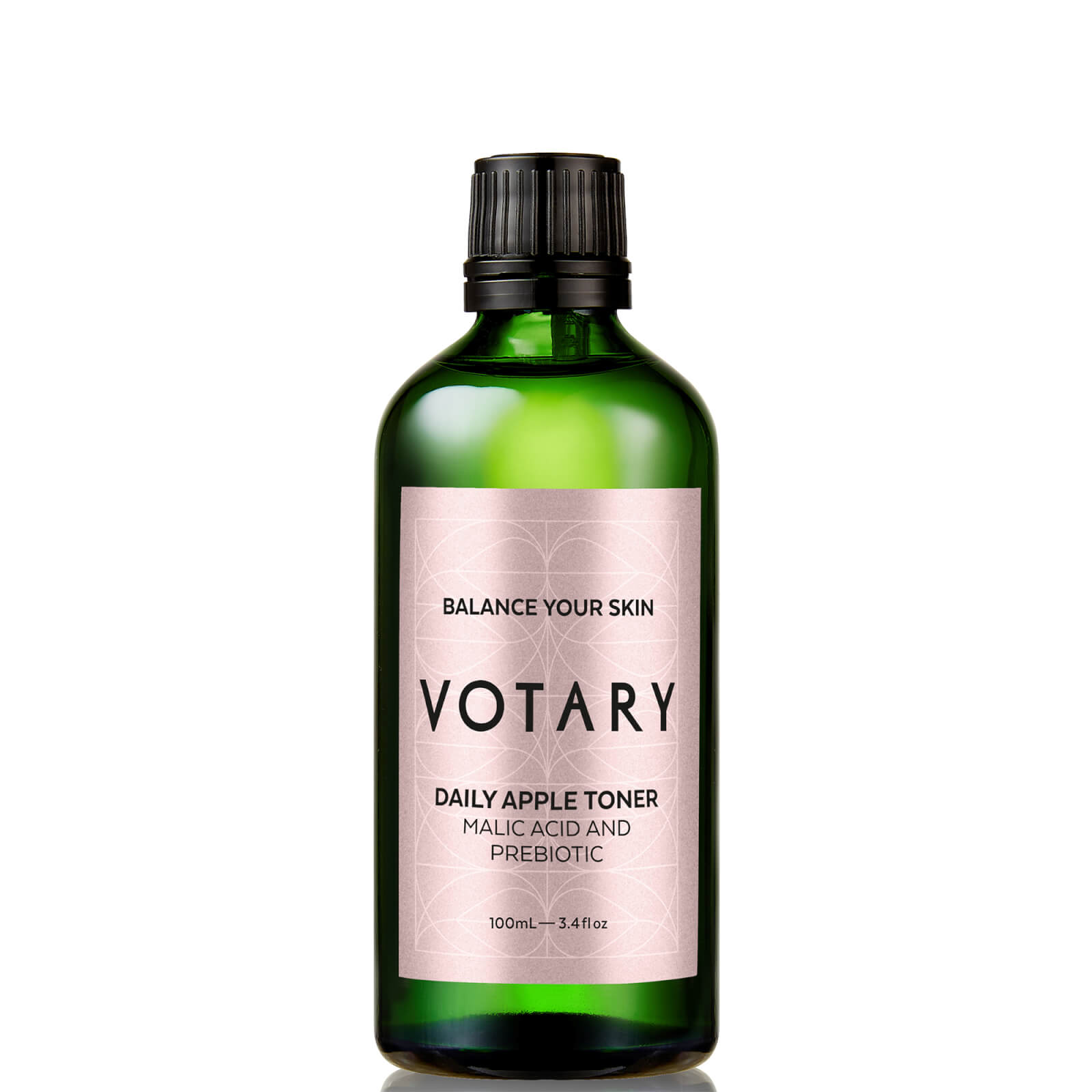 Green glass bottle with a black cap, featuring a light pink label that reads "Votary Daily Apple Toner, Malic Acid and Prebiotic" in bold black text, 100ml size.