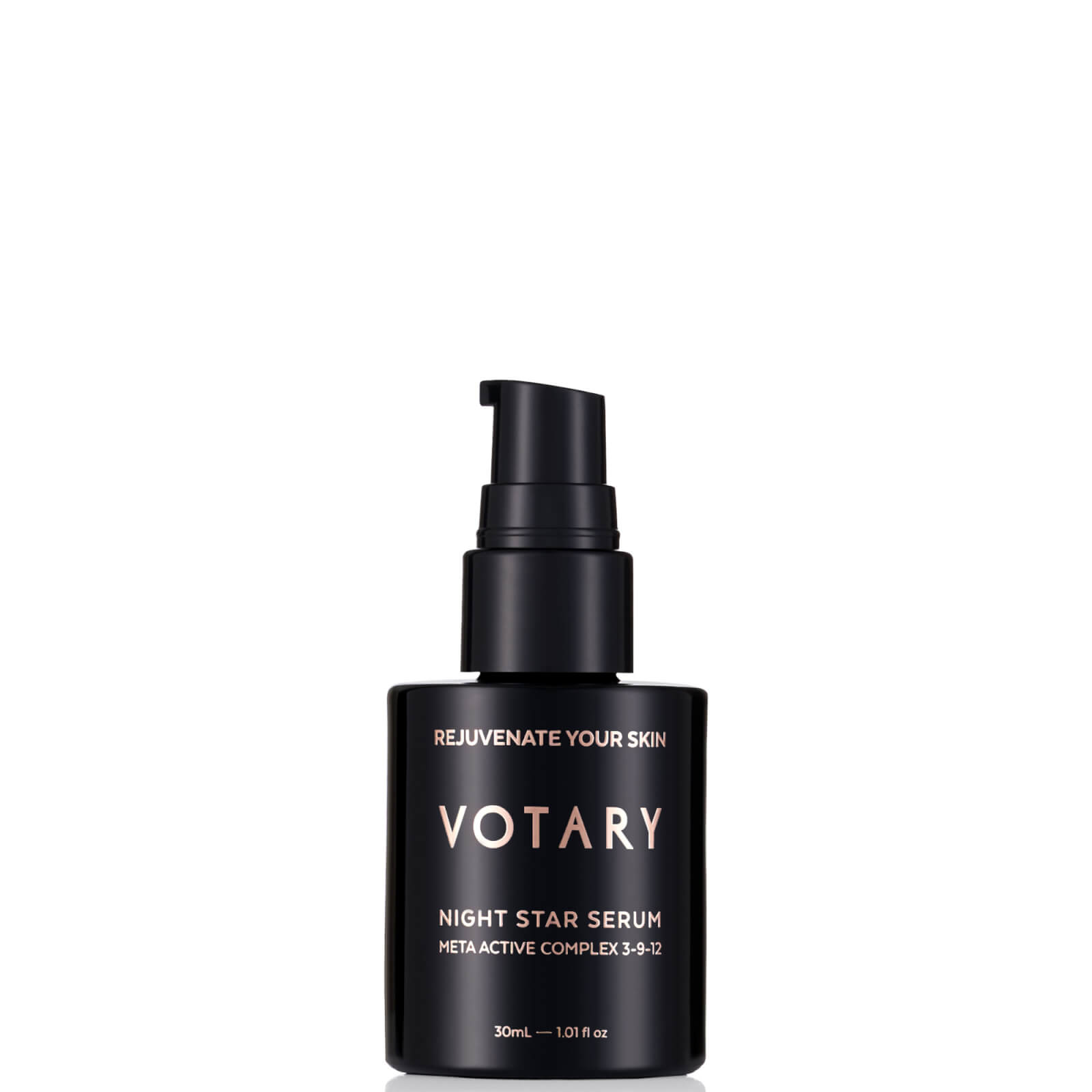 VOTARY Night Star Serum in a sleek black glass bottle with a pump dispenser, featuring elegant white and gold text, highlighting its vegan-friendly, multi-potent formula for skin hydration.