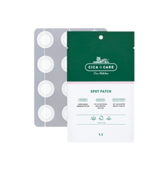 Clear spot patches in a transparent sheet, packaged in a white and green box labeled "CICA & CARE," featuring product details and instructions on the front.