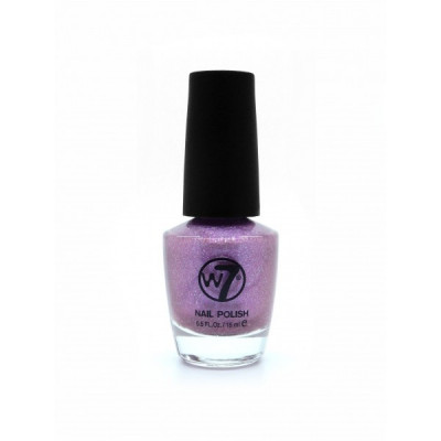 Purple nail polish in a clear glass bottle with a black cap, labeled "W7 Nail Polish 36 Moonshine," featuring a shimmering finish and a 15 ml capacity.