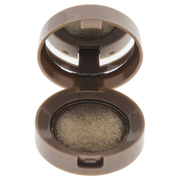 Baked eyeshadow in a round, brown compact featuring a shimmering gold dust shade, with a mirror inside the lid for easy application.