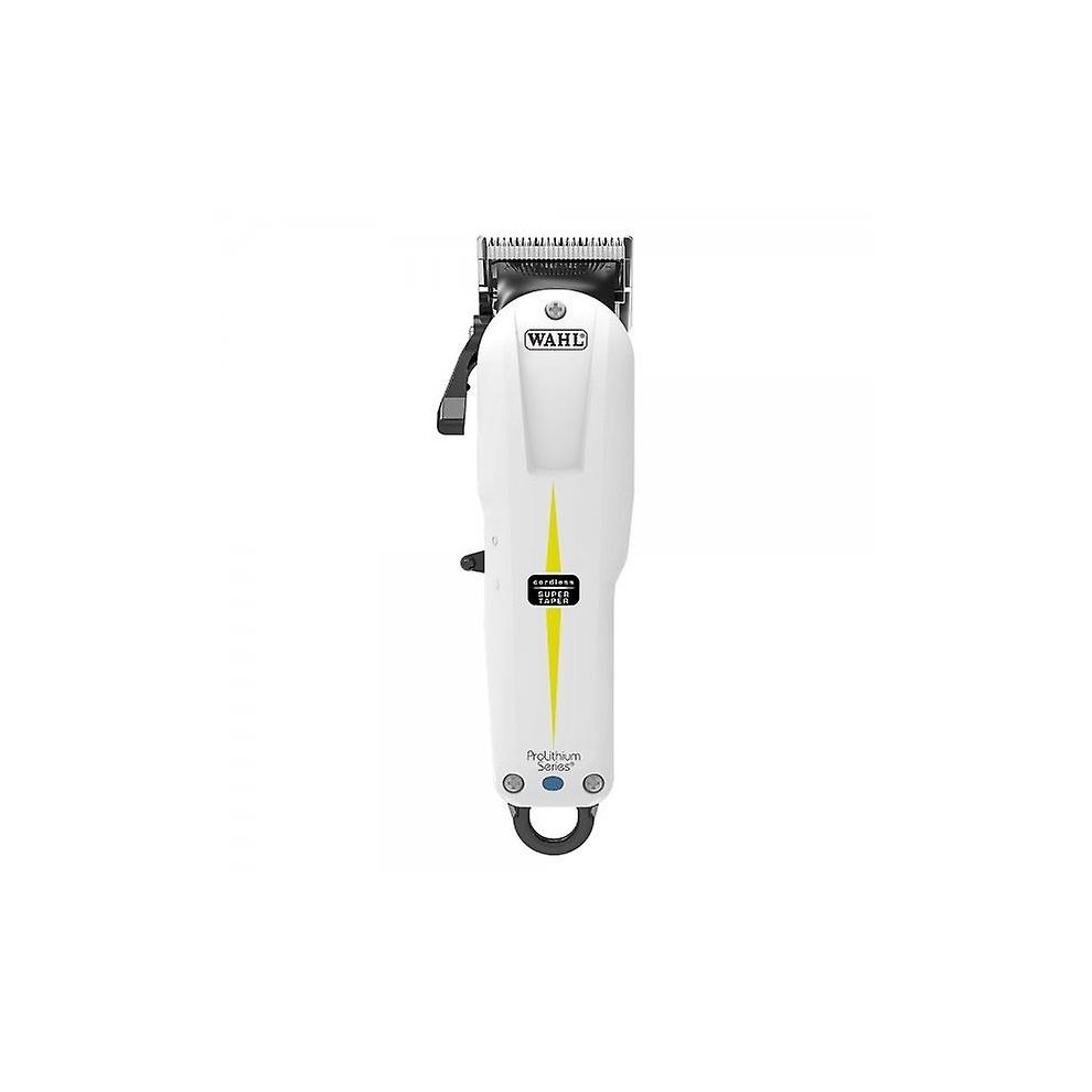 Cordless white lithium clipper with a yellow stripe, featuring a chrome blade, adjustable lever, and a power indicator, designed for professional hair cutting.
