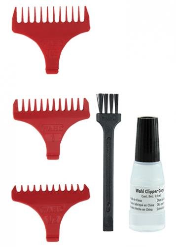 Wahl Detailer Extra Wide T Blade Hair Trimmer set includes three red guide combs, a black cleaning brush, and a small bottle of clipper oil for maintenance.