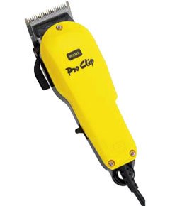 Bright yellow corded clipper with a black handle, featuring a stainless steel blade and adjustable lever, designed for professional grooming.