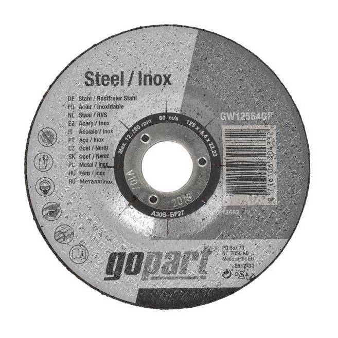 Circular grinding disc labeled "Gopart 125 X 6.4 X 22.2mm," featuring a metallic surface with a textured finish, designed for steel and stainless steel applications.