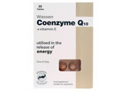 Wassen Coenzyme Q10 supplement box featuring a white background, wooden texture at the top, and two brown tablets visible through a clear window.