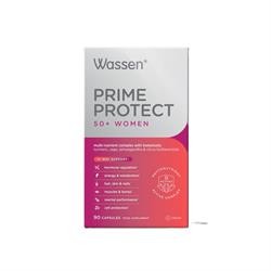 Wassen Prime Protect 50+ for women, featuring a sleek white and pink box, contains 90 multinutrient capsules, highlighting key benefits and ingredients on the packaging.