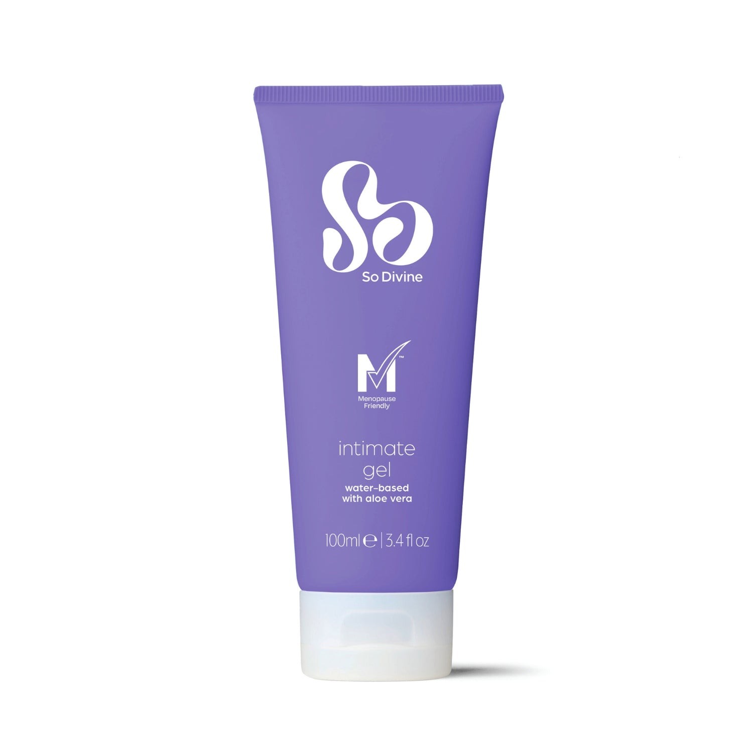 Purple tube of "So Divine" water-based intimate gel with aloe vera, featuring a sleek design and clear labeling, containing 100ml (3.4 fl oz).