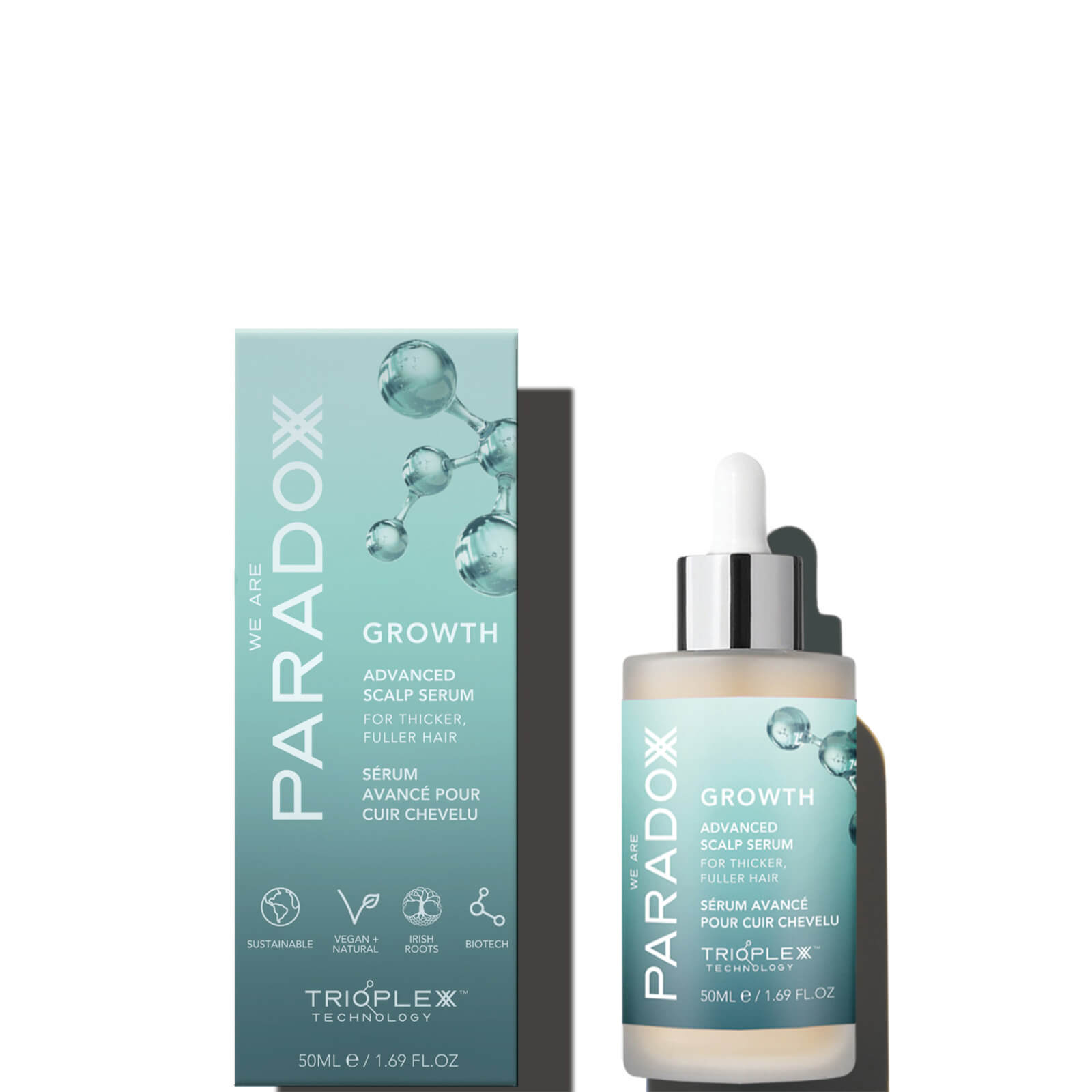 Growth Advanced Scalp Serum by WE ARE PARADOXX in a sleek glass dropper bottle, featuring a light blue and white box with bubbles, highlighting Trioplexx Technology for thicker hair.