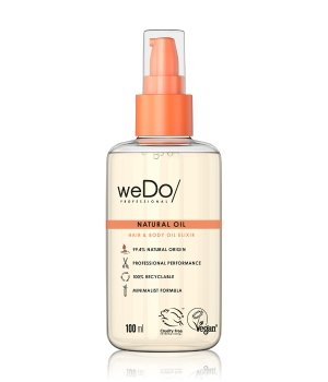 Clear bottle with a pump dispenser, containing a light amber oil, labeled "weDo Professional Haircare Hair and Body Oil Elixir 100ml," featuring vegan and recyclable symbols.