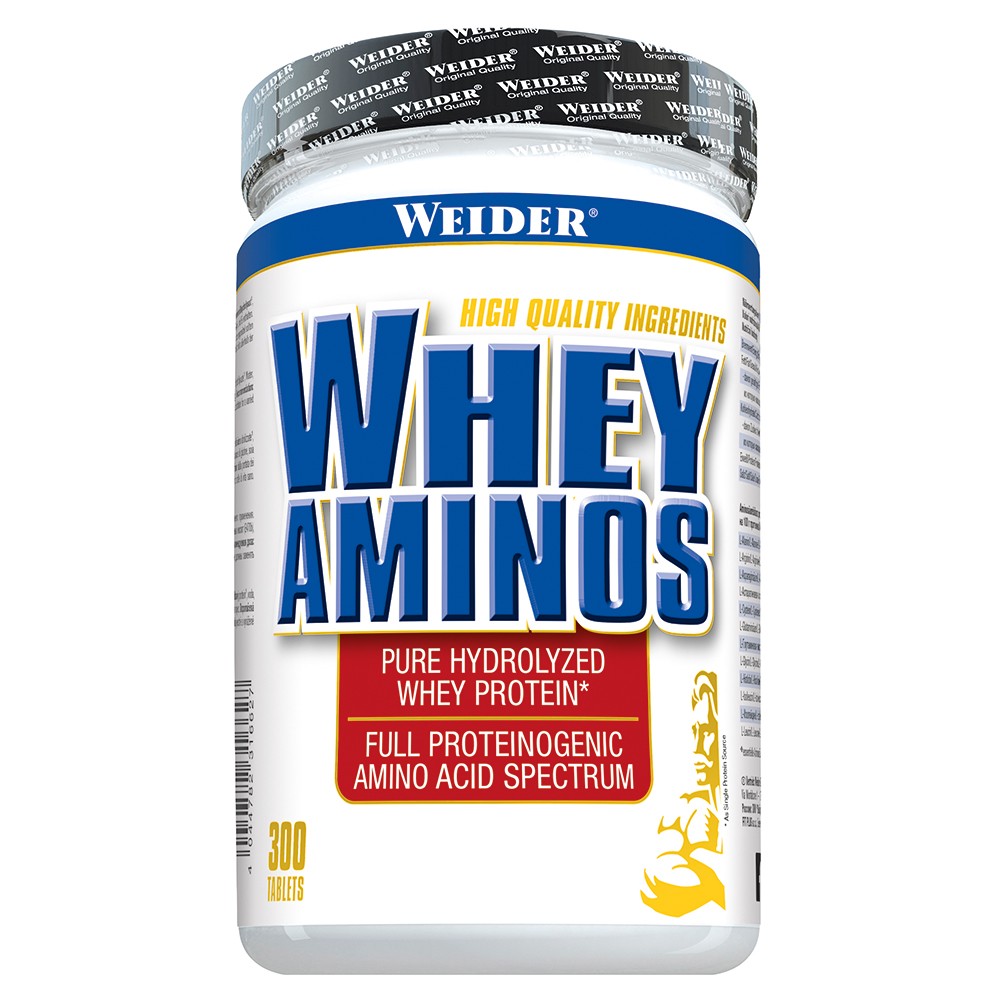 White plastic container with a blue and yellow label, featuring "WEIDER WHEY AMINOS" in bold letters, highlighting 300 tablets of pure hydrolyzed whey protein.