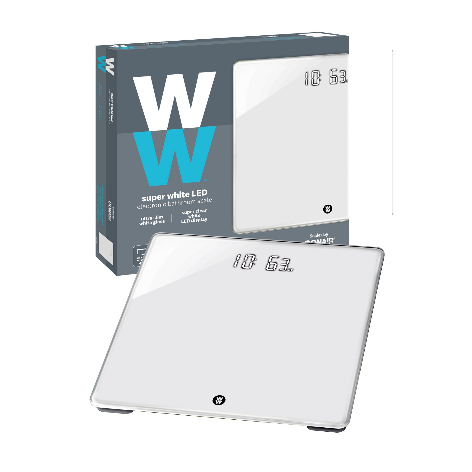 White electronic bathroom scale with a sleek glass surface, featuring a bright LED display showing weight, packaged in a blue and white box with the Weight Watchers logo.