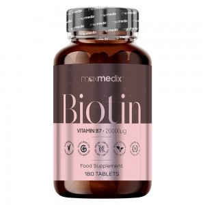 Brown glass bottle with a silver cap, labeled "Biotin" in pink text, indicating 12000mcg, containing 365 vegan tablets for hair, skin, and nails.