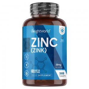 Brown bottle with a blue label displaying "ZINC (ZINK)" in bold white letters, containing 365 vegan bisglycinate tablets, highlighting high absorption and made in Britain.