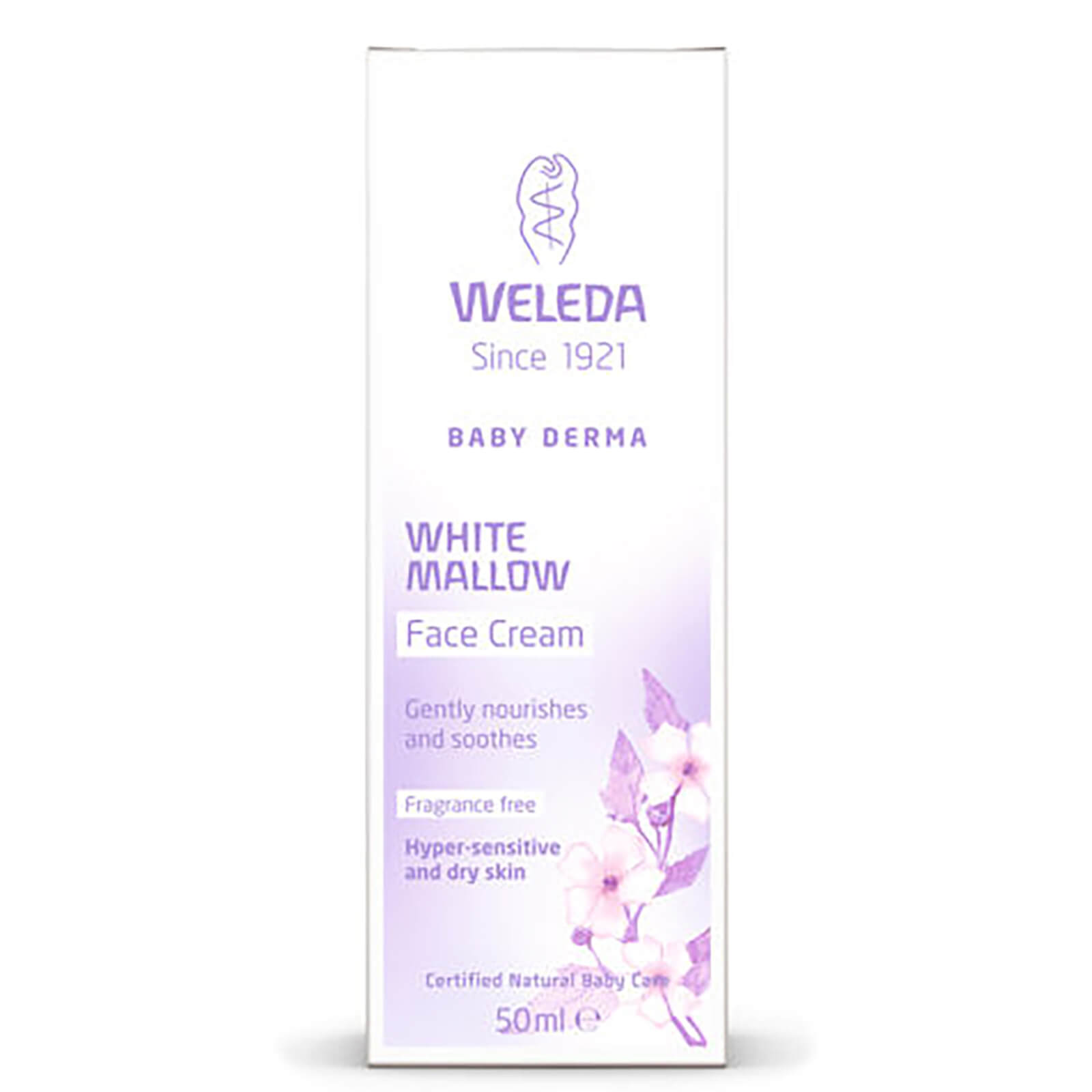 White box packaging for Weleda Baby Sensitive Care Face Cream, featuring a purple design with floral accents, labeled "White Mallow Face Cream" and "Fragrance free," 1.7 Fl Oz.