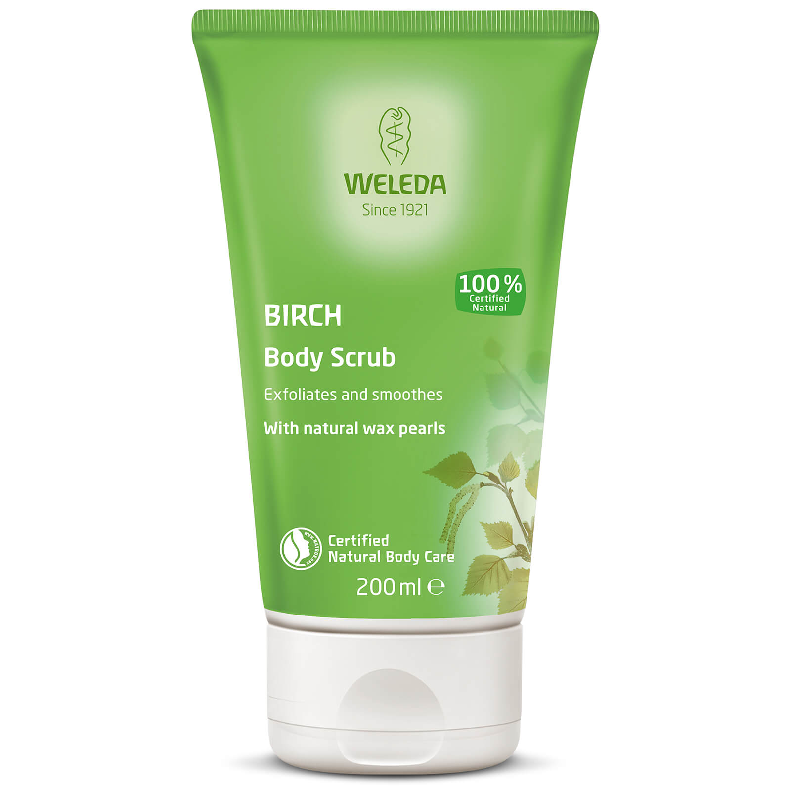 Green squeeze tube of Weleda Birch Shower Peeling, featuring a white cap, with text highlighting "100% Certified Natural" and "Exfoliates and smoothes" on the front.