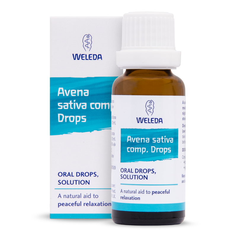 Brown glass bottle with a white dropper cap, labeled "Weleda Avena sativa comp. Drops," featuring blue and white packaging, indicating a natural aid for relaxation.