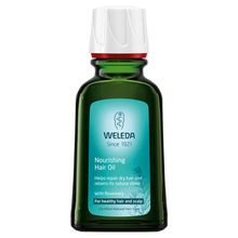 Green glass bottle with a white cap and red accent, labeled "Weleda Rosemary Condition and Shine Hair Oil," 1.7 FL Oz, featuring a turquoise and white design.