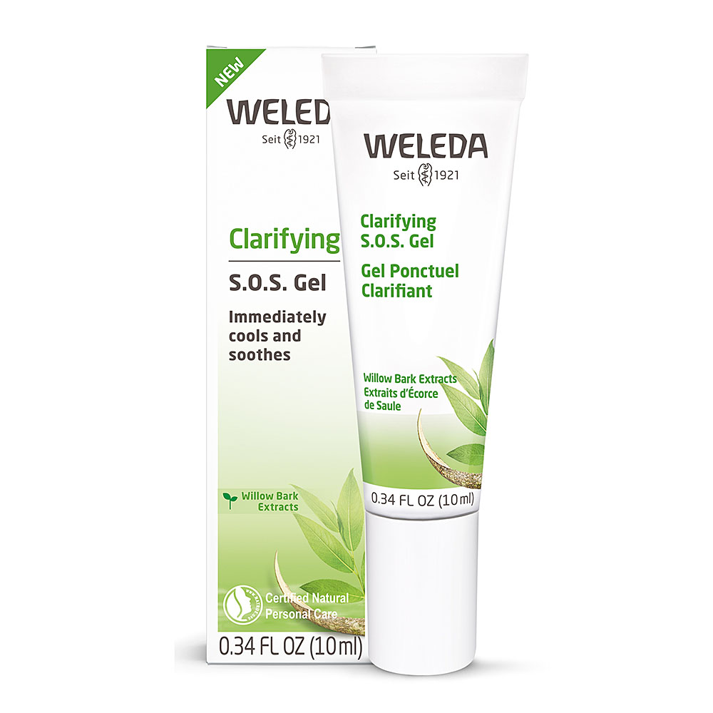 White tube with green accents, labeled "Clarifying S.O.S. Gel" by Weleda, featuring willow bark extracts; packaged in a matching green and white box, size 10ml.
