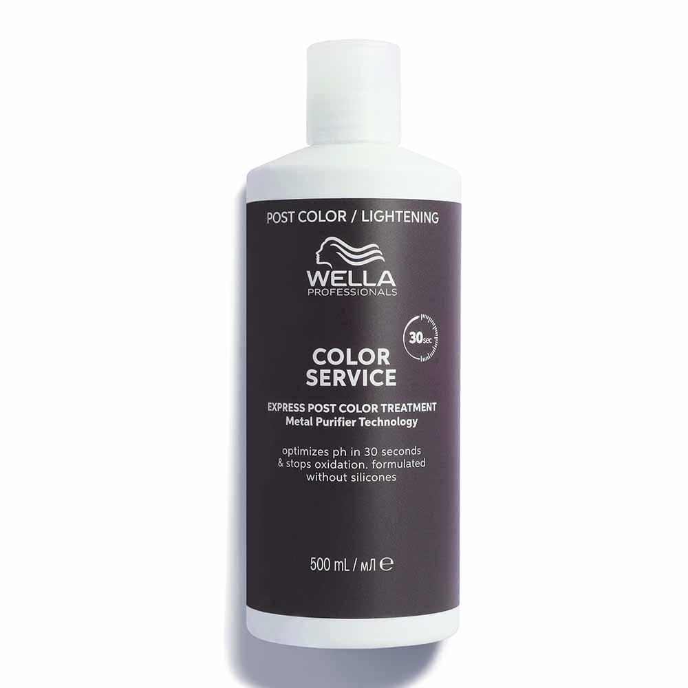 Wella Professional Color Service Express Post-Color Treatment in a 500ml white bottle with a black label, featuring "Metal Purifier Technology" and instructions for use.