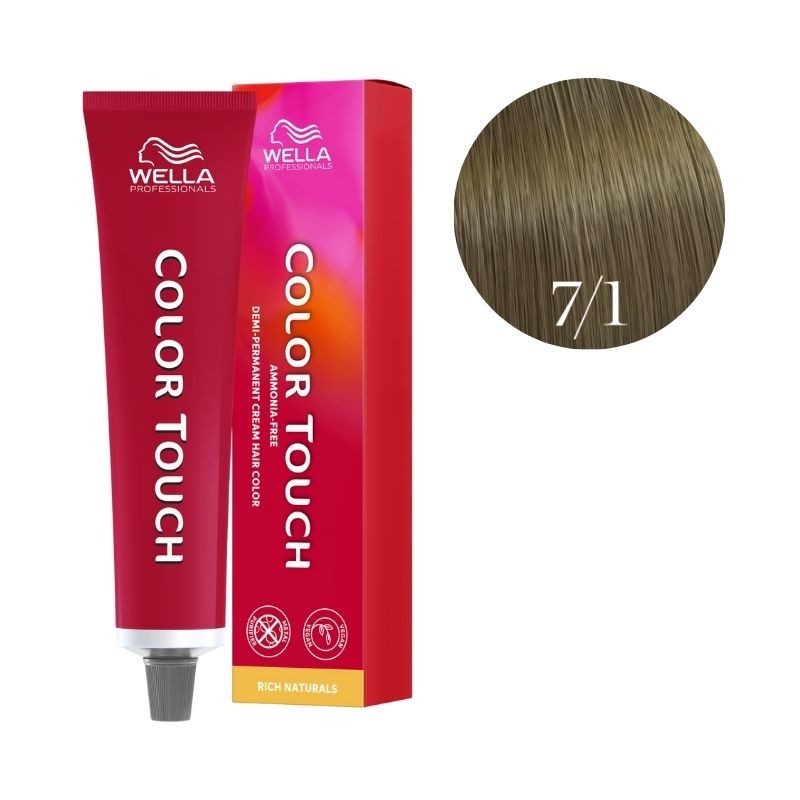Wella Professionals Color Touch Demi-Permanent Hair Colour in Medium Blonde Ash, featuring a red tube with a silver tip and a matching box, alongside a swatch of the hair color.
