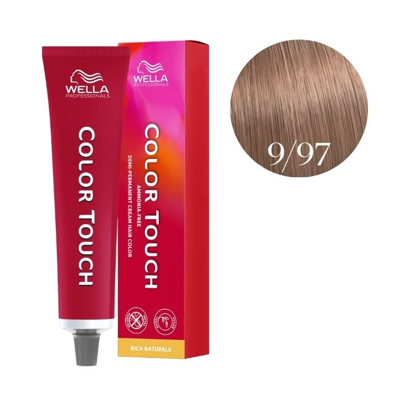 Wella Color Touch 60ml tube in a bright red design, featuring the brand logo and product name, alongside a swatch of a light brown shade labeled 9/97.