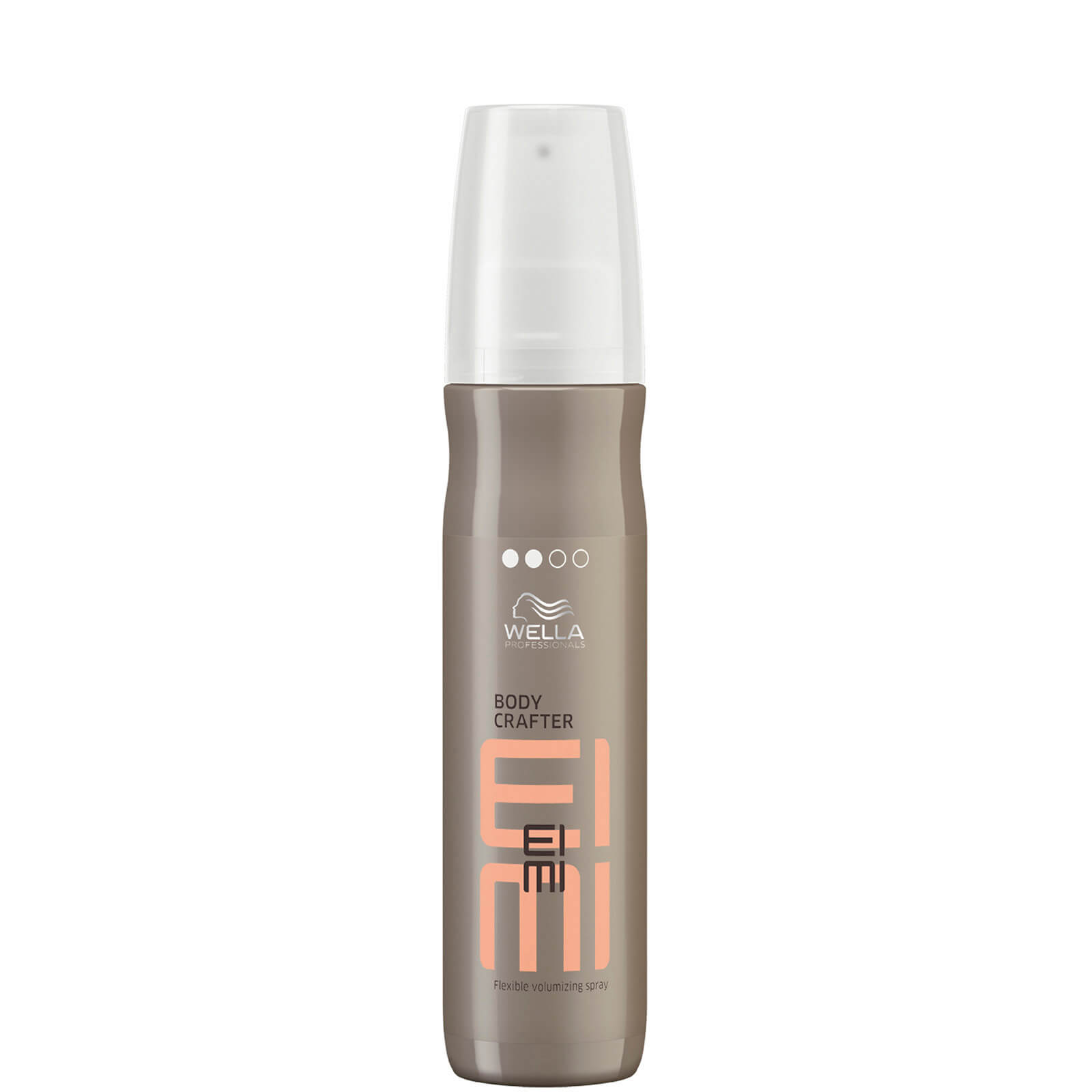 Wella Eimi Volume Body Crafter spray in a sleek, light brown bottle with a white cap, featuring a modern design and orange lettering, ideal for adding volume and texture to hair.
