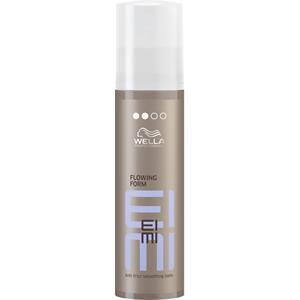 3.8 oz Wella EIMI Flowing Form Anti Frizz Smoothing Balm in a sleek, light brown bottle with a white pump top and minimalist branding in purple and silver.