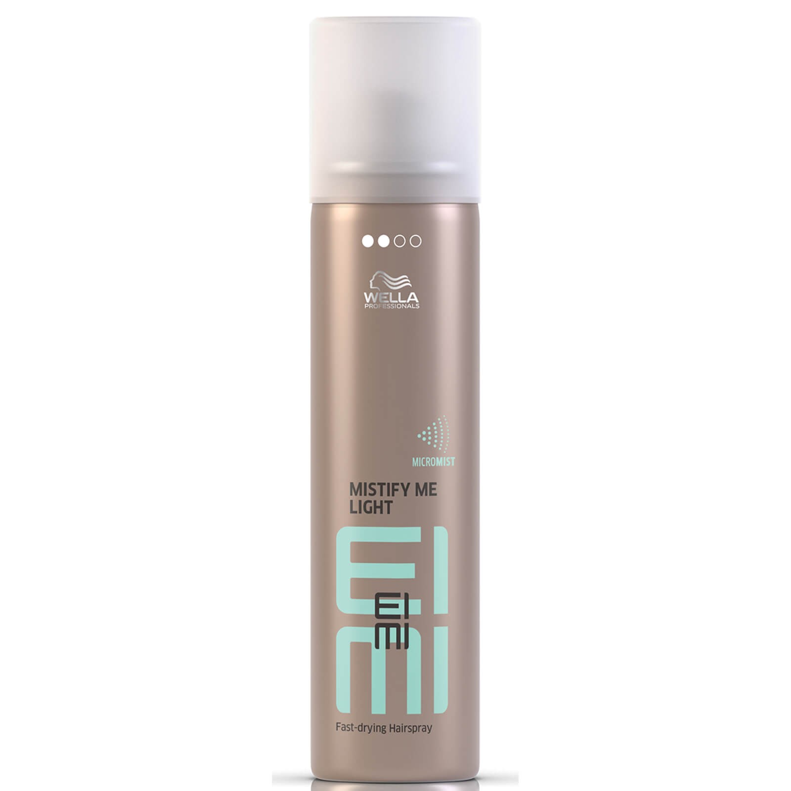 Wella Eimi Mistify Me Light hairspray in a sleek, metallic gold canister, featuring a white spray nozzle and bold turquoise lettering on the front.