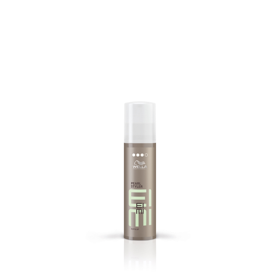 Wella EIMI Pearl Styler in a sleek, frosted glass bottle with a white pump top, featuring a minimalist design and soft pastel accents, 30ml size.